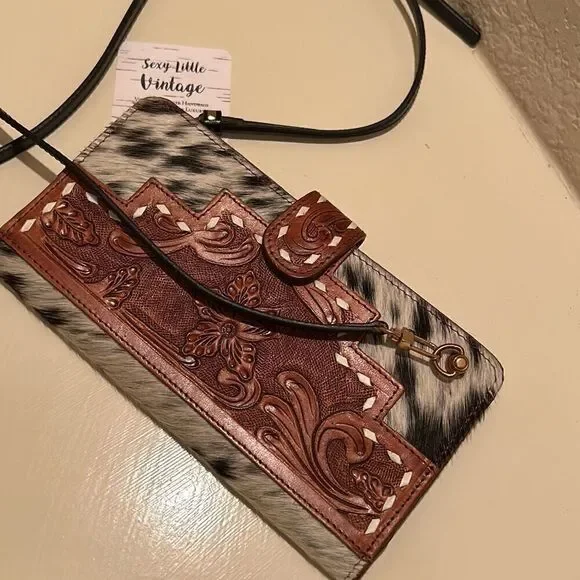 Sexy Little Vintage Leather And Cowhair Western Wallet On Chain Black Brown New - Picture 5 of 13